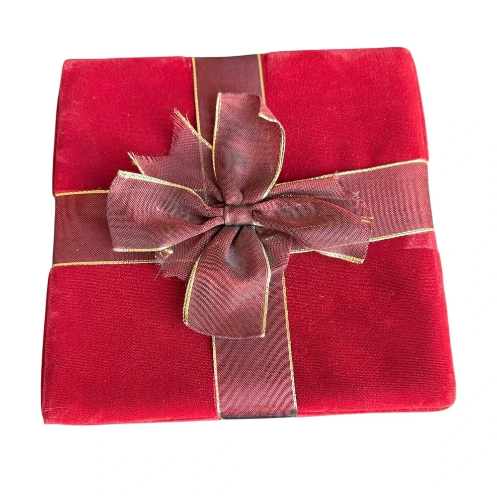Red Velvet Christmas Gift Box Burgundy Ribbon Gold Trim Holiday Decor Storage